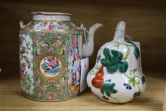 Two Chinese teapots, a bowl and an ornament